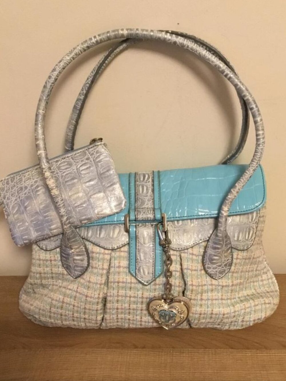 Sharif Blue and Cream Tweed Shoulder Bag with Heart Charm